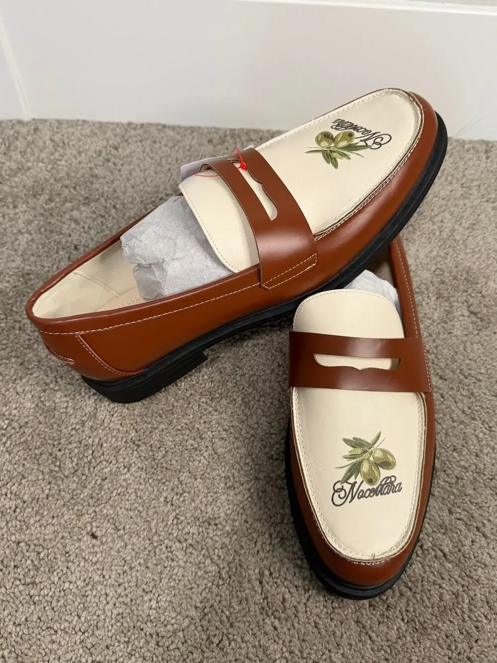 New ASOS DESIGN Olive Graphic Penny Loafers Brown Cream Men’s 11